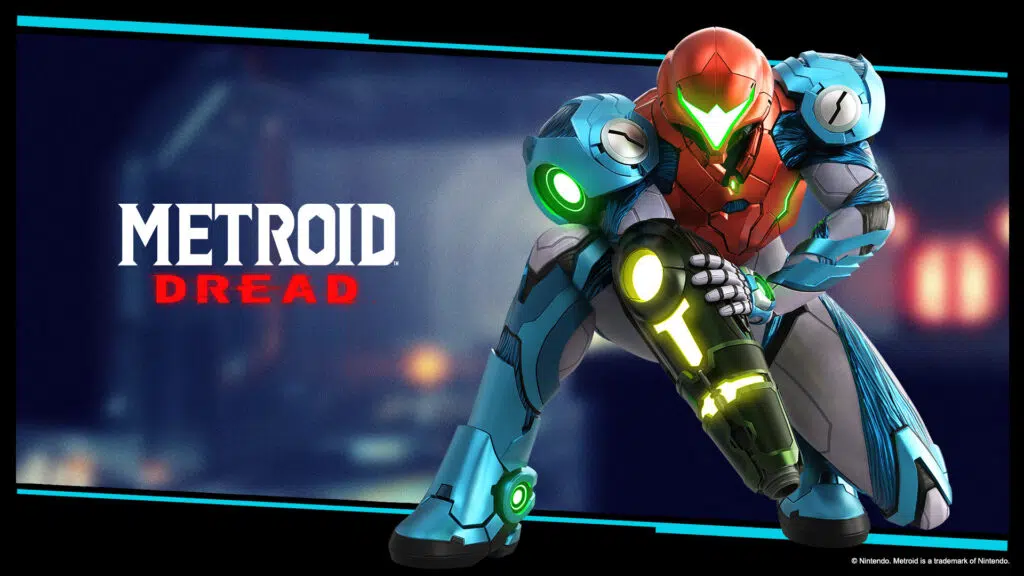 Papel de parede. Logotipo de metroid dread à esquerda, samus em sua armadura à direita e fundo azul.