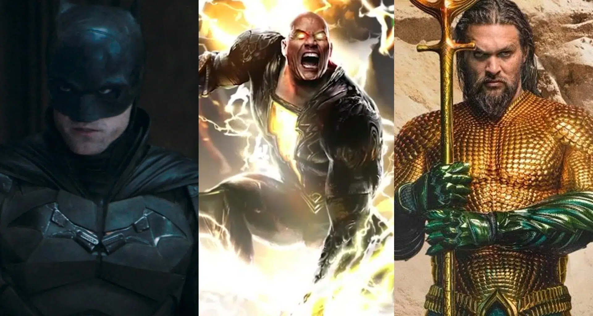 Montagem com imagem de batman no lado esquerdo, arte conceitual de adão negro no centro e aquaman no lado direito sobre calendário de filmes da dc em 2022