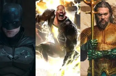 Montagem com imagem de batman no lado esquerdo, arte conceitual de adão negro no centro e aquaman no lado direito sobre calendário de filmes da dc em 2022