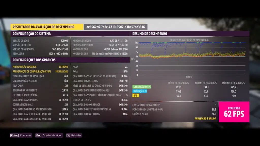 Pc rodando benchmark do forza horizon 5.