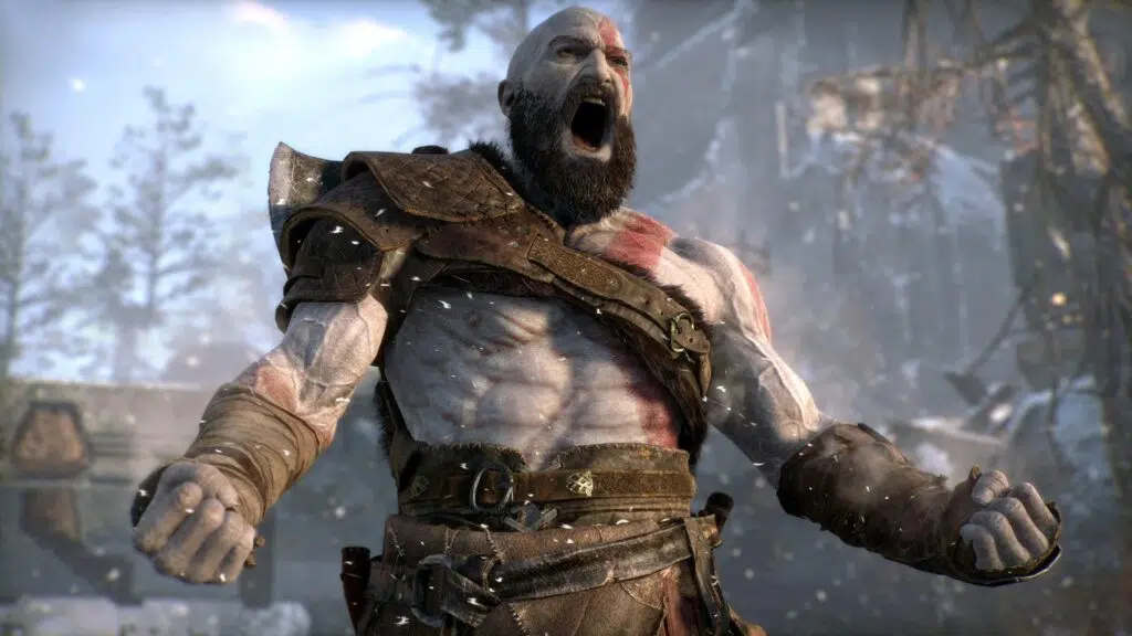 Kratos, de braços semiabertos, gritando.