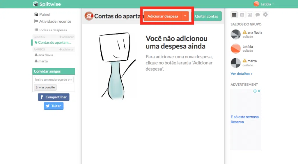 Para começar a usar o splitwise, adicione as despesas