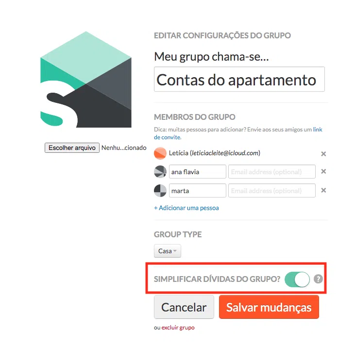 Para acionar a simplificação de dívidas, clique no "desativado" para ser levado à página de configurações do grupo.