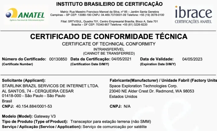 Certificado da anatel para liberação de equipamentos da starlink