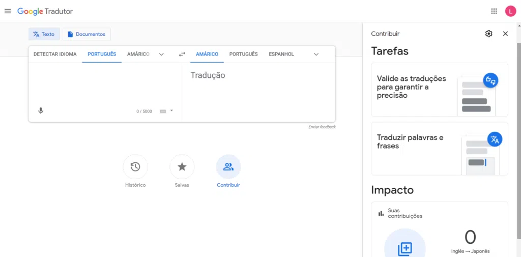 Quadro de contribuição do usuário google tradutor