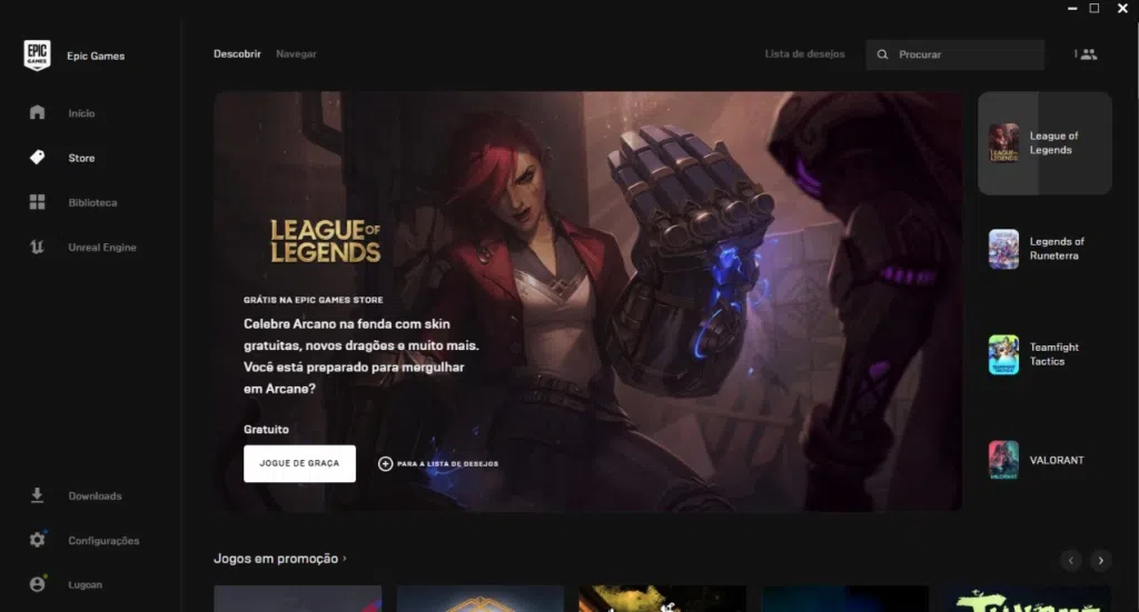 Você confere os jogos disponíveis da riot na epic store ao conferir a lista do lado direito