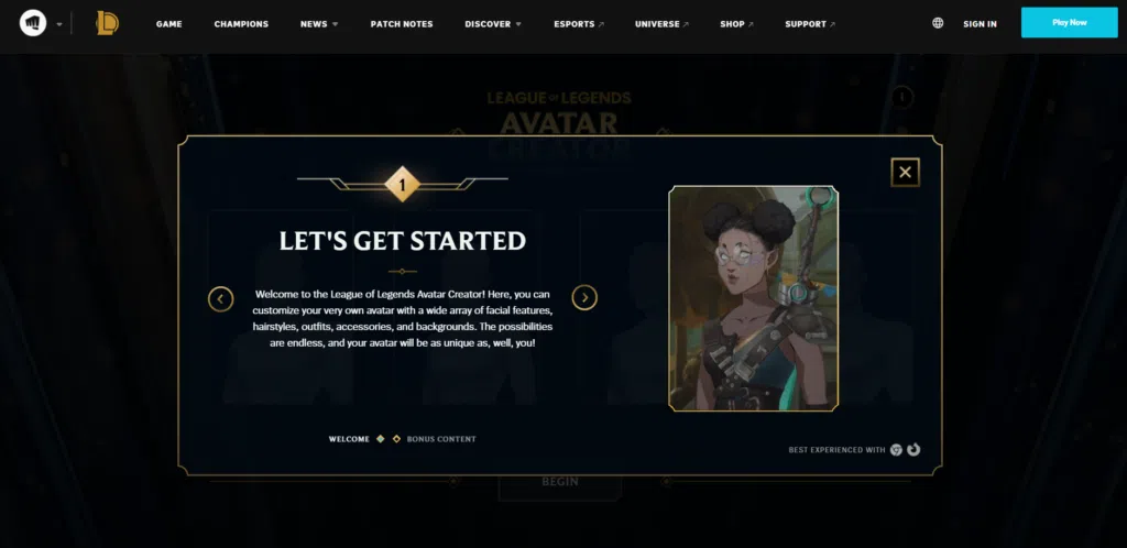 Tela de boas vindas do criador de avatar de league of legends