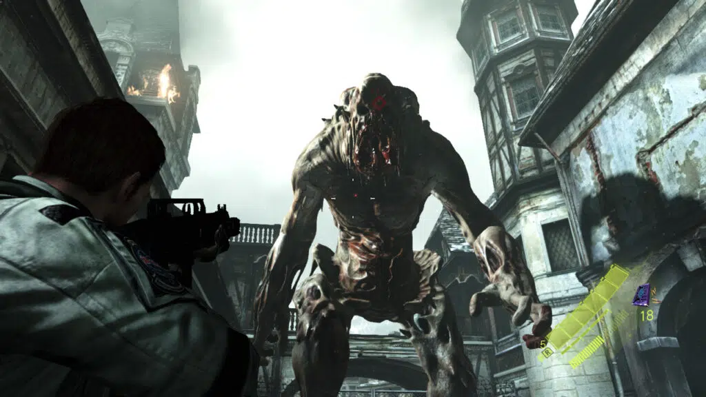 Personagens de resident evil 6 apontam uma arma para a cabeça de um monstro gigante.