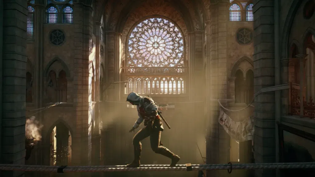 Cena do jogo assassin's creed unity se passando dentro da catedral de notre-dame, em paris. Reprodução: ubisoft montreal/ubisoft via polygon