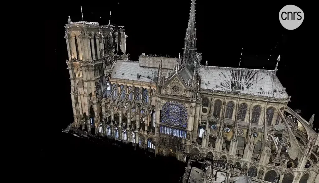 Modelo da catedral de notre-dame feita por historiadores em possíveis consultas para sua reconstrução. Reprodução: youtube/cnrs