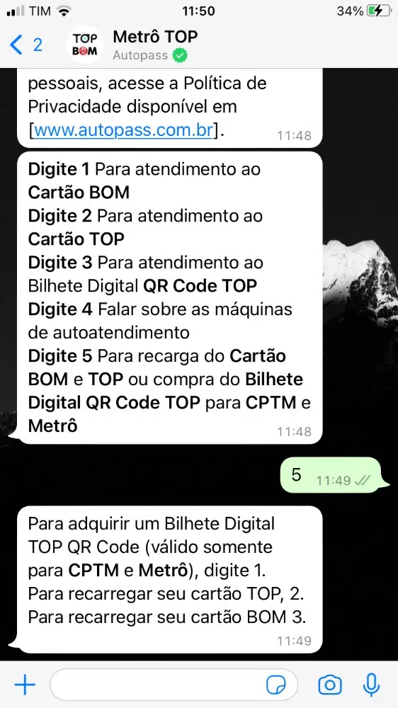 Carregamento de créditos pelo whatsapp