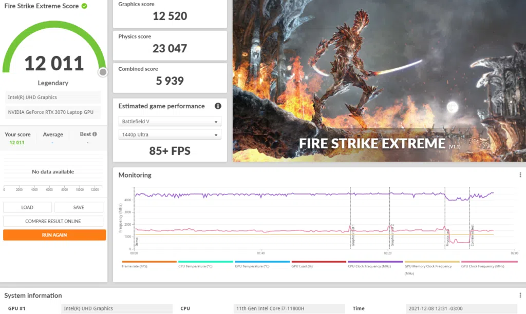 Teste no fire strike extreme (imagem/felipe vidal)