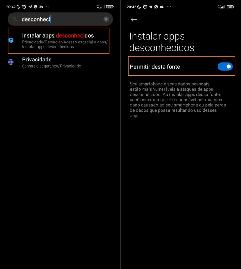 Instalar apps desconhecidos no android