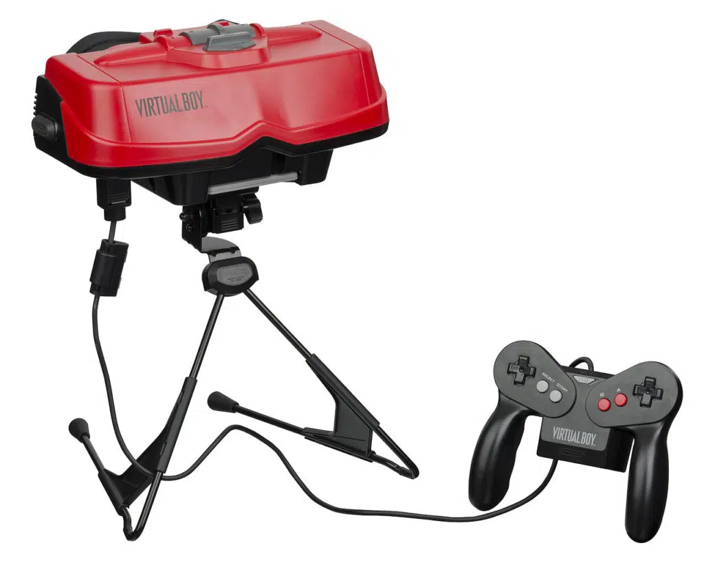 O virtual boy, notório fracasso da nintendo, é considerada a primeira incursão de realidade virtual no mundo dos games (imagem: evan amos via creative commons).