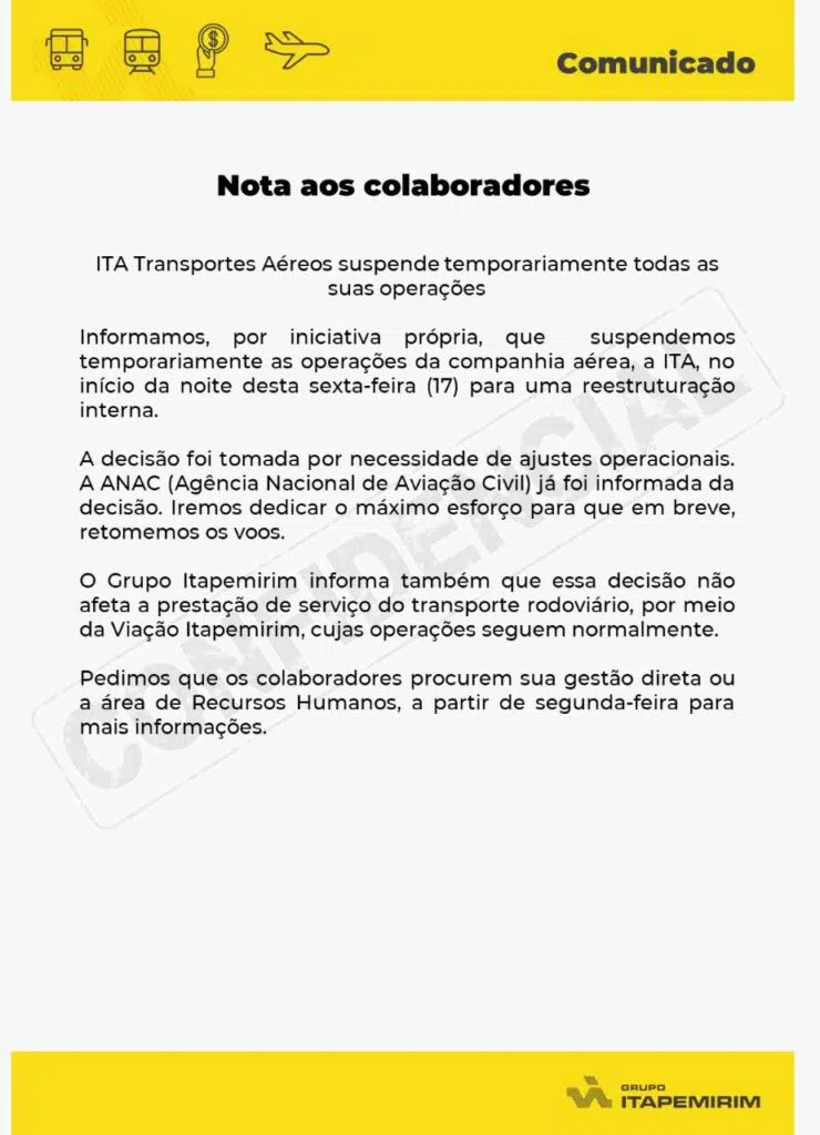 Comunicado de suspensão da itapemirim transportes aéreos