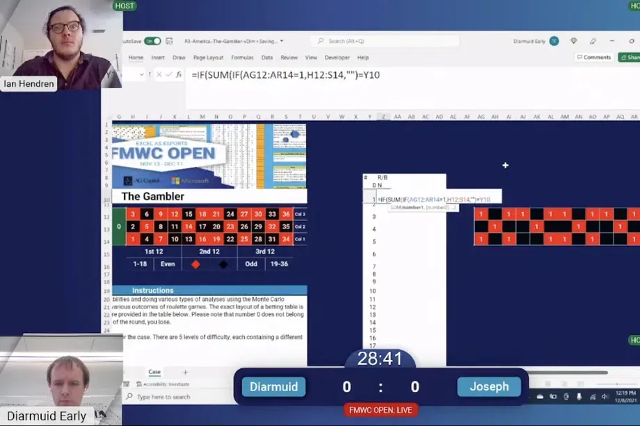 Captura de certo momento na live de transmissão da financial modeling world cup, a competição de excel mundial. Reprodução: the verge