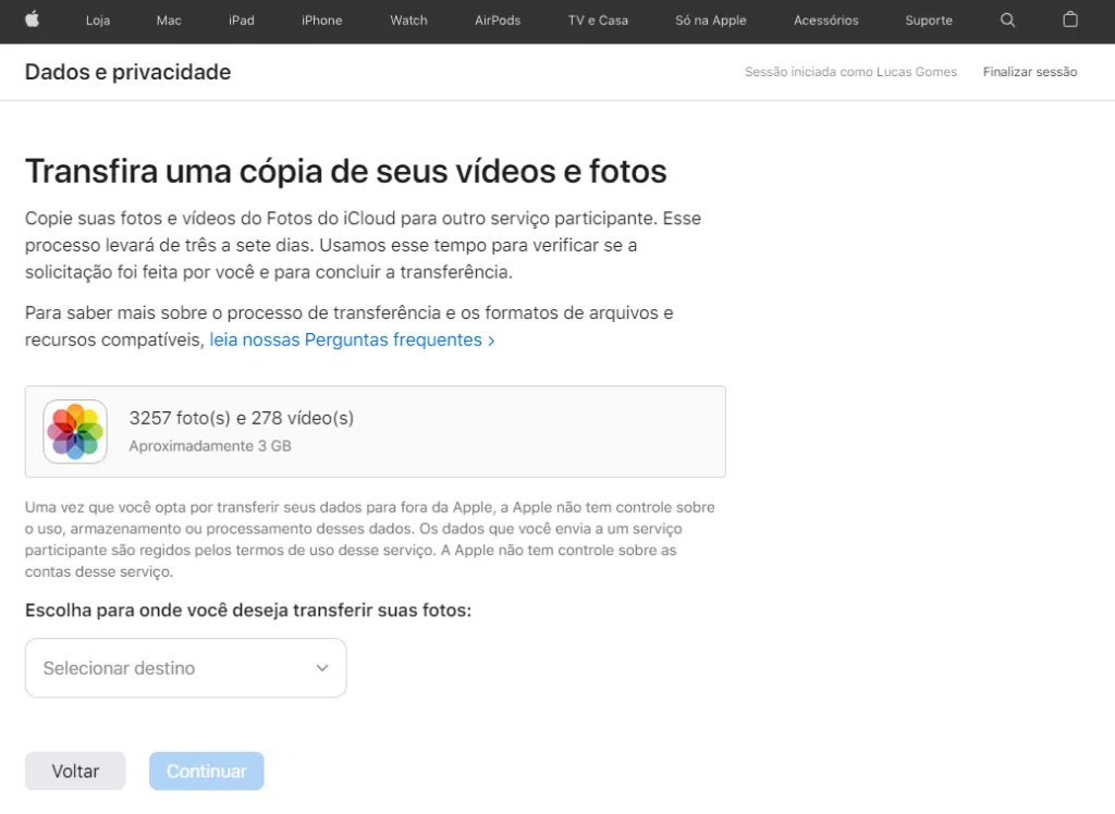 Tutorial sobre como transferir fotos do icloud pro google fotos. Reprodução: lucas gomes/showmetech