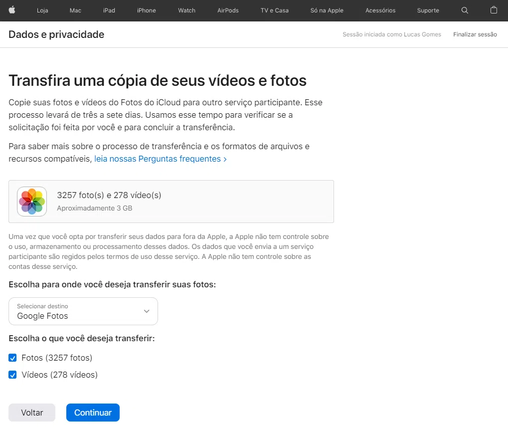 Tutorial sobre como transferir fotos do icloud pro google fotos. Reprodução: lucas gomes/showmetech