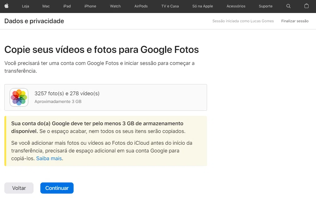 Tutorial sobre como transferir fotos do icloud pro google fotos. Reprodução: lucas gomes/showmetech