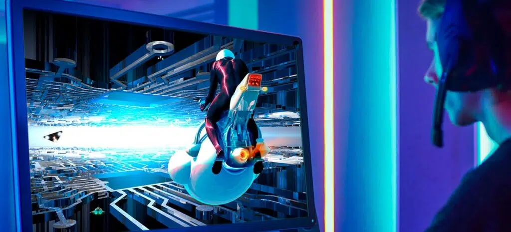 Homem usando monitor com resolução 8k e conexão hdmi 2. 1