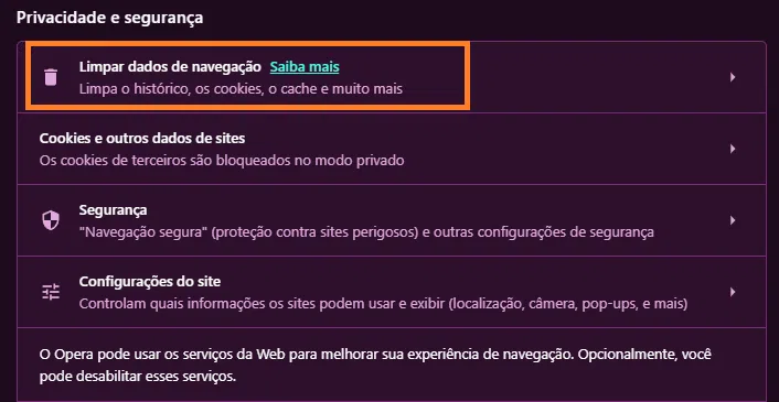 Como limpar o cache no opera