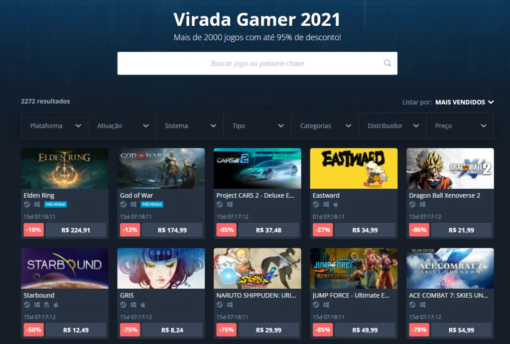 Confira os destaques da virada gamer. Reprodução: nuuvem.