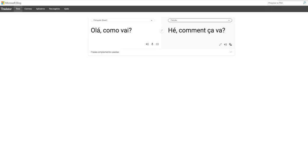 Interface do bing microsoft translator