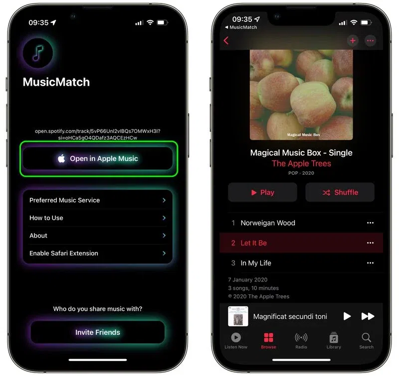 Na imagem, um link do spotify foi colado no musicmatch que já redirecionou para sua respectiva página no apple music. Reprodução: macrumors