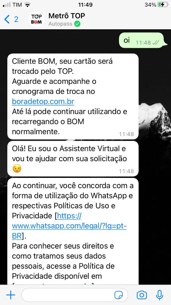 Compra de bilhete único pelo whatsapp