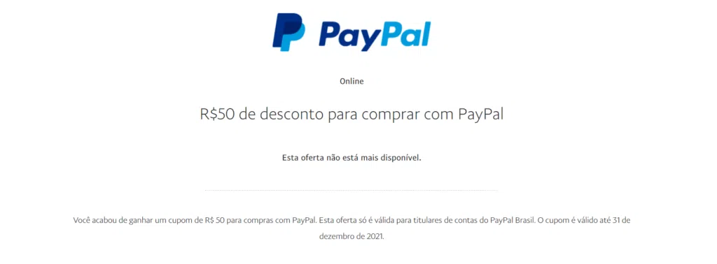 Página do cupom de r$ 50,00 do paypal