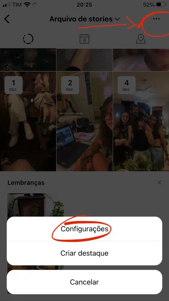 Configurações do arquivo de stories