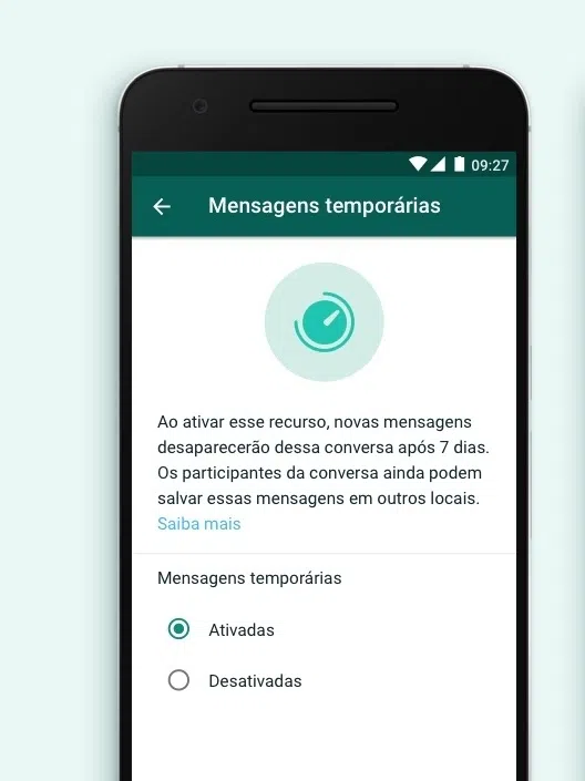 É possível ativar o recurso "mensagens temporárias", em cada chat, para que as mensagens se apaguem sozinhas. Reprodução: whatsapp.