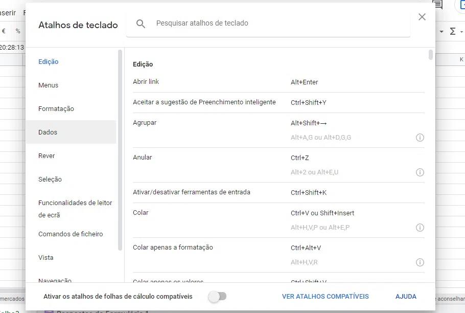 Lista de atalhos. Dicas do google planilhas