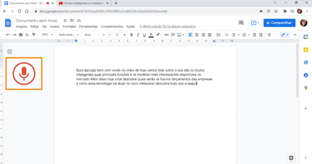 Transcrição de áudio no google docs