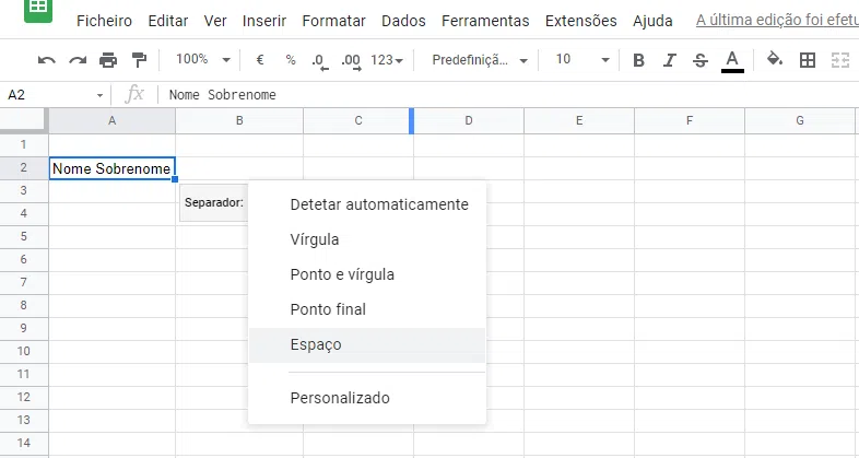 Separe texto em colunas. Dicas do google planilhas