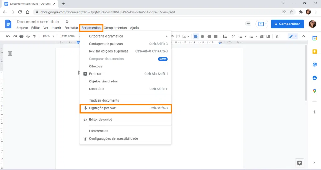 Transcrição de áudio no google docs