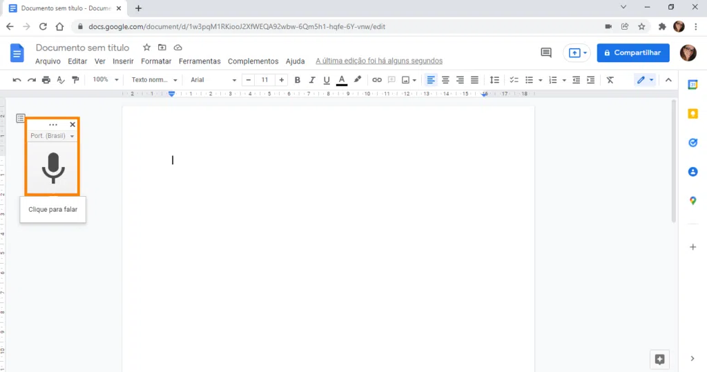 Transcrição de áudio no google docs
