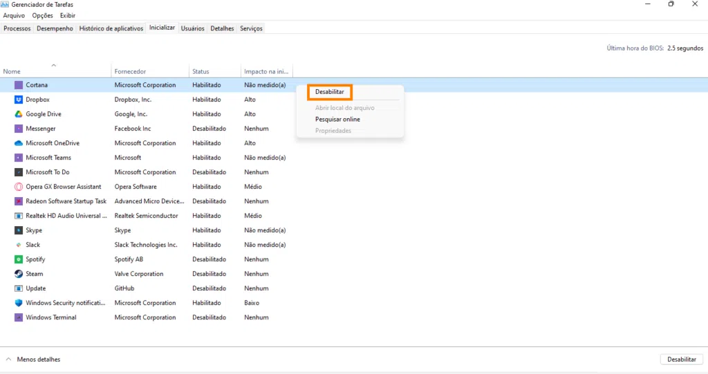 Desabilite programas para melhorar o ssd lento no windows 11