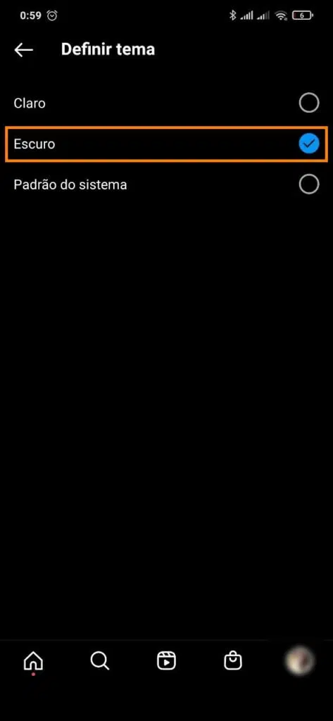 Modo escuro no instagram para android