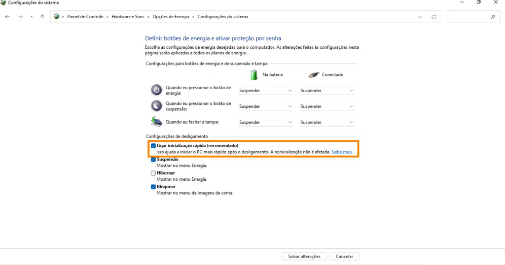 Ative a inicialização rápida para melhorar o ssd lento no windows 11