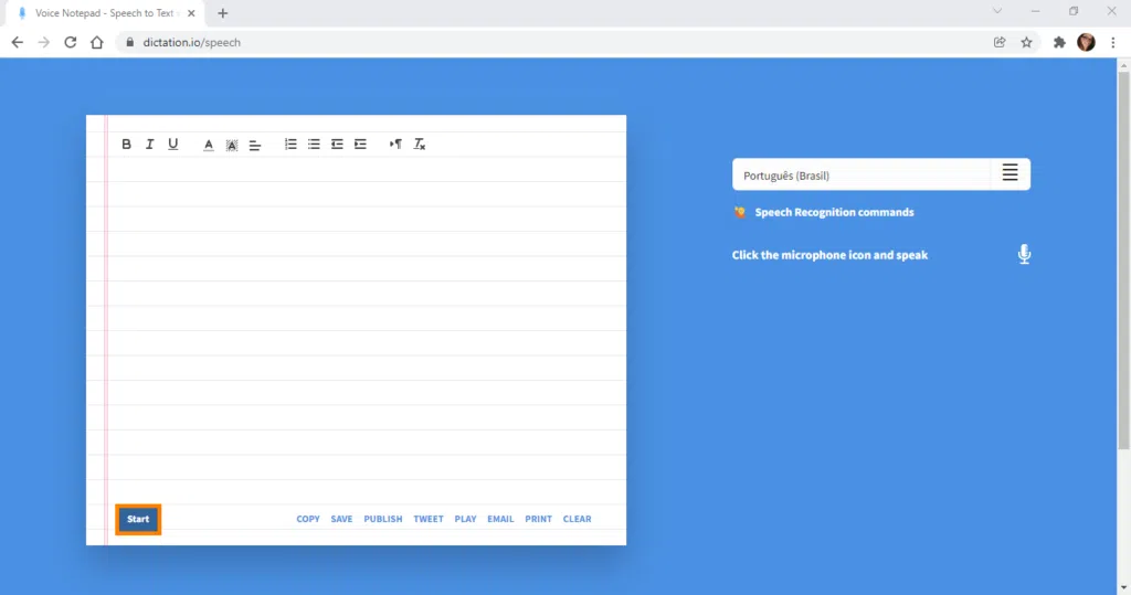 Transcrição de áudio no dictation. Io