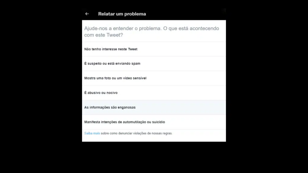 Passo 2 de como denunciar fake news no twitter