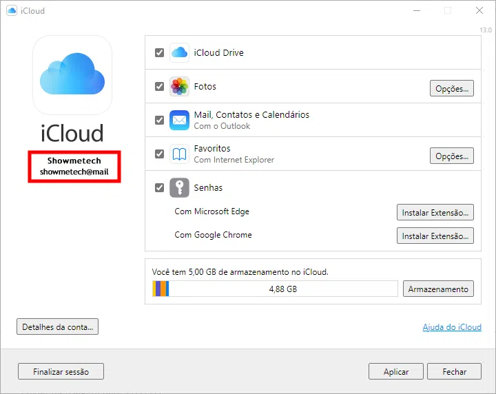 A conta do icloud aparece na janela principal do aplicativo para windows