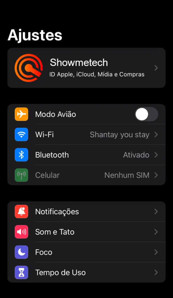 Tela de ajustes do ios (iphone)