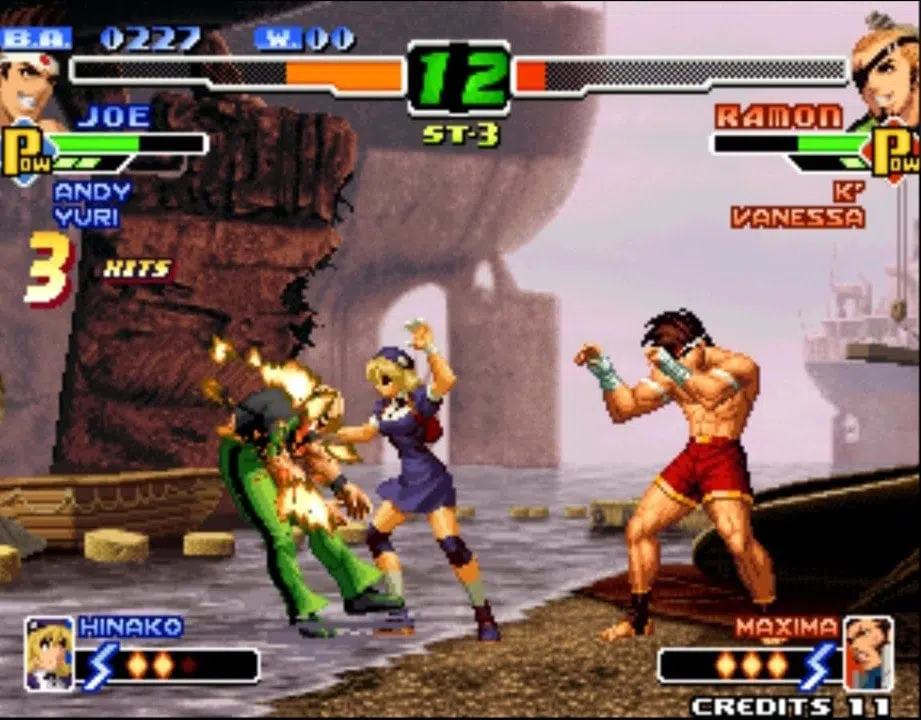 Hud de king of fighters 2000 inclui barra de vida, tempo de partida e outros elementos