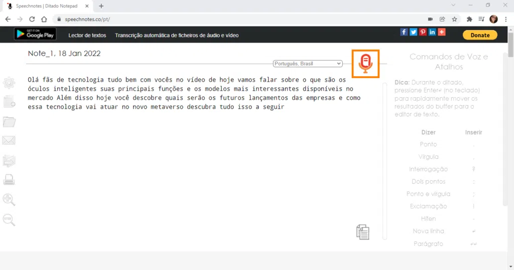 Transcrição de áudio no speechnotes