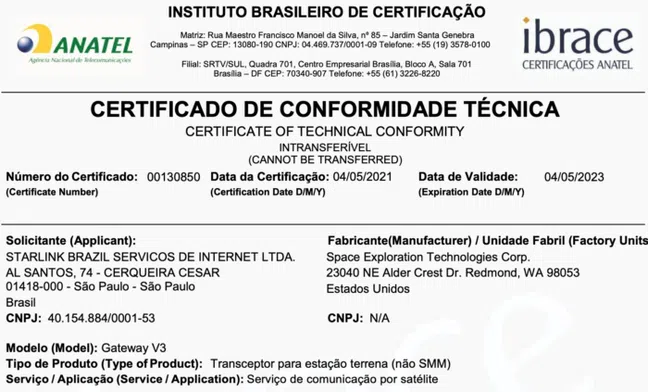 Documento de certificação da starlink no brasil que foi emitido pela anatel