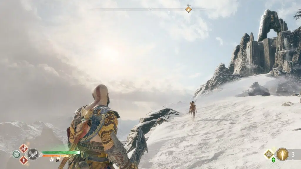 Kratos e atreus na montanha de neve mais bonita dos games