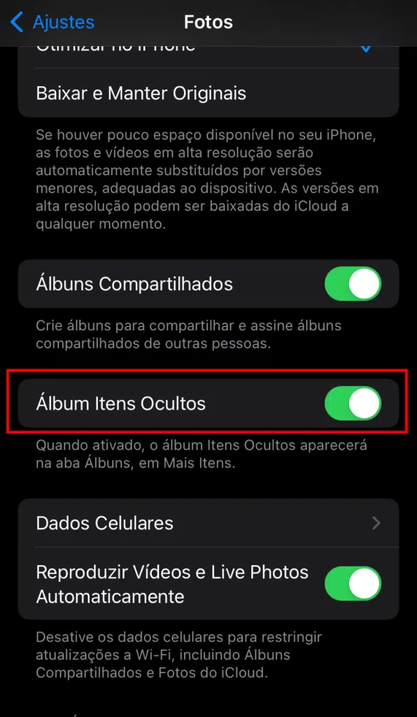 Habilitar álbum itens ocultos no iphone