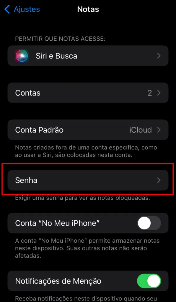 Incluir senha nas notas do iphone